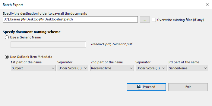 The batch export dialog box of Email to PDF add-in