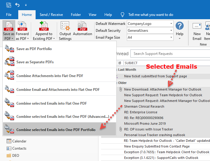 Combine and merge multiple emails and save to a long one pdf file from Outlook