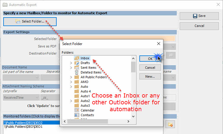 Choose the Outlook folder where you want the PDF automation to take place from incoming emails
