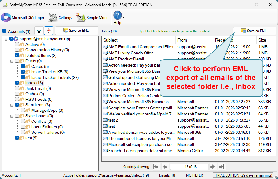 Convert folder of a mailbox account to MSG