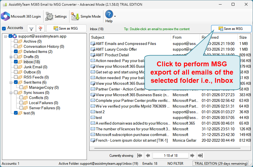 Convert folder of a mailbox account to MSG