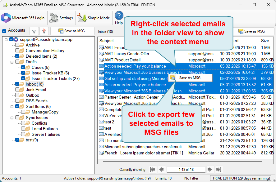 Convert few emails to MSG files