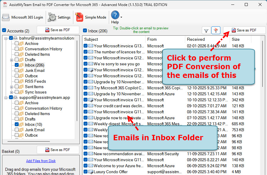 Convert folder of a mailbox account to PDF