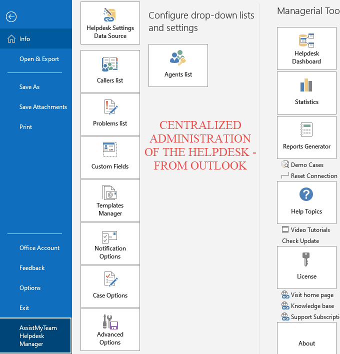 Outlook Helpdesk Administration panel 