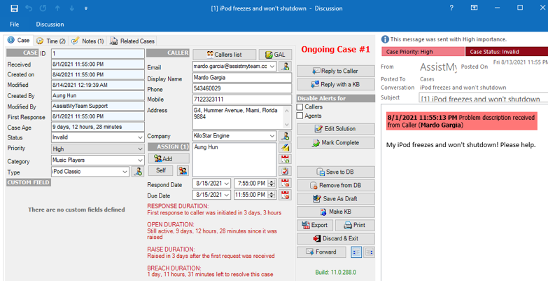 The case form in Outlook