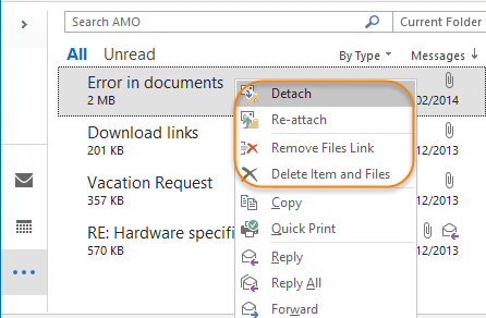 Detach attachments option under context menu of Outlook