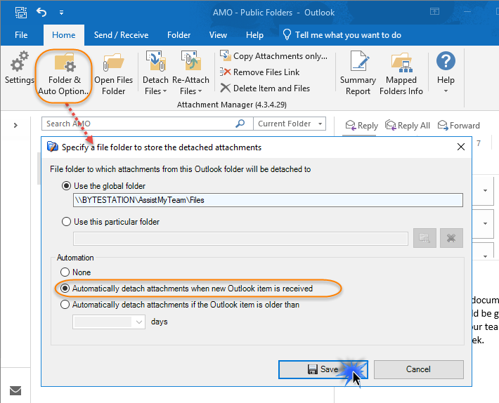 Configure option to automatically detach attachments when emails are received