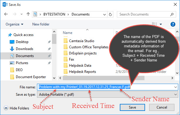 Save email as Pdf from Outlook and derive its name from the metadata of the email