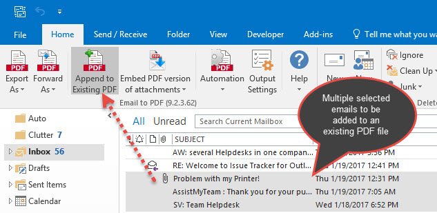 Append emails to an existing Pdf file