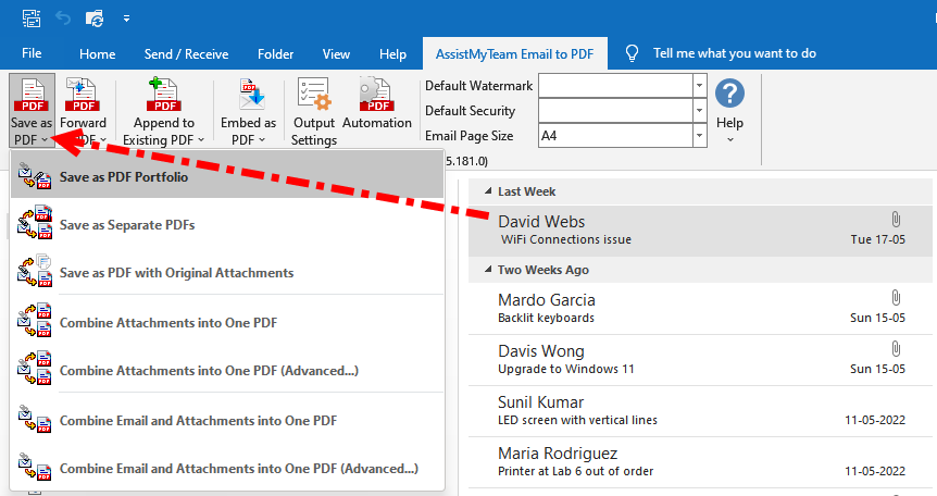'Save As PDF' button to save selected email as Pdf in Outlook