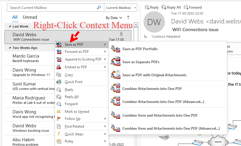 Right-click the email to save it as Pdf from Outlook