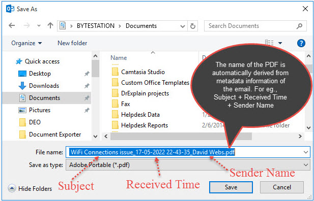 Save email as Pdf from Outlook and derive its name from the metadata of the email