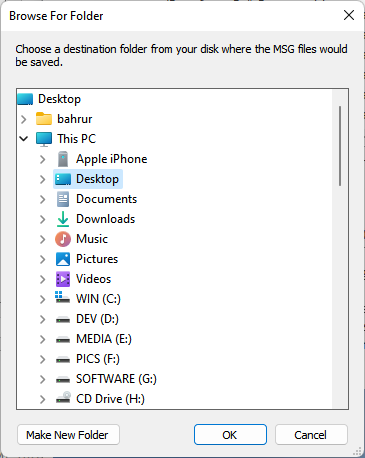 Browse for folder dialog box for converting EML to MSG