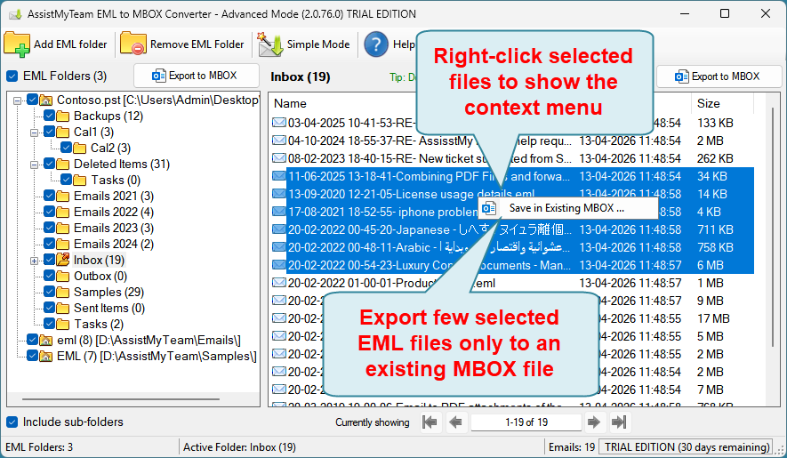 Export few MSG files to MBOX