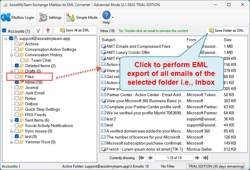 Convert folder of a mailbox account to EML