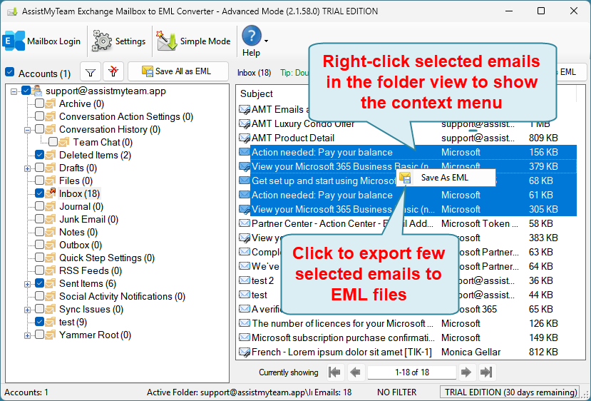 Convert few emails to EML files