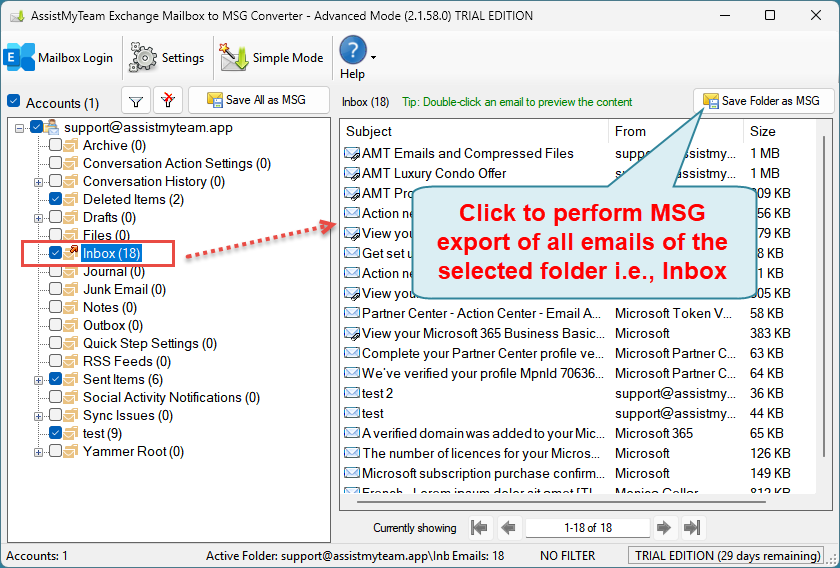 Convert folder of a mailbox account to MSG