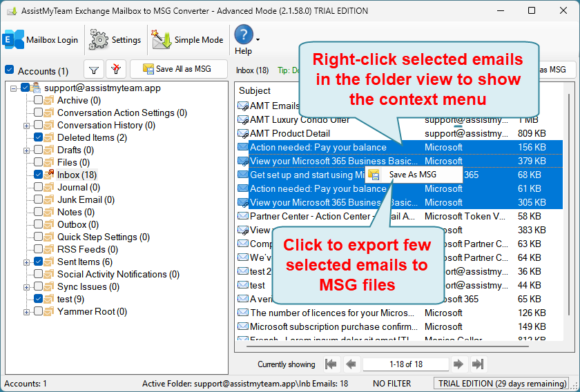 Convert few emails to MSG files