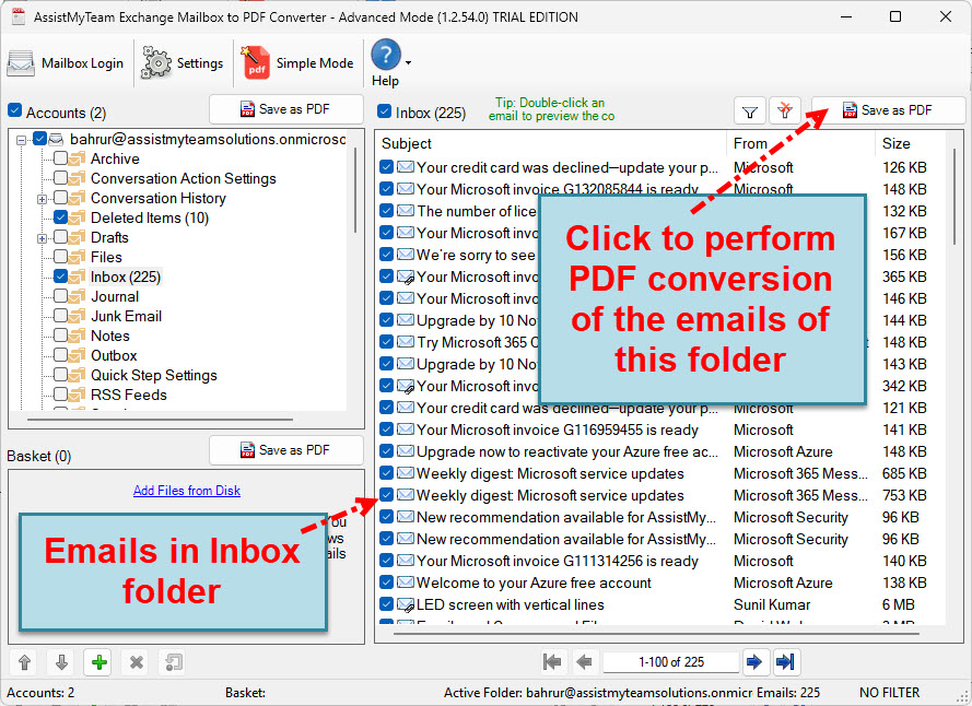 Convert folder of a mailbox account to PDF