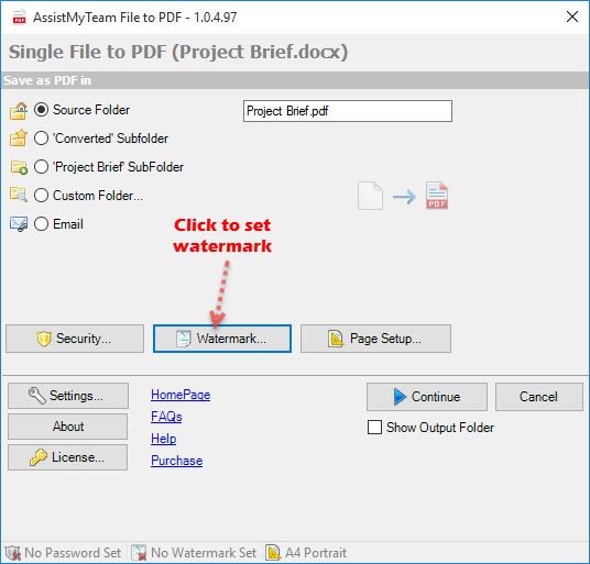 Choose watermark option to emboss a text or image to PDF files