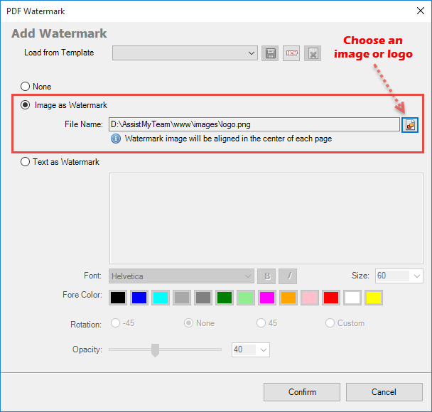 Choose an image for watermarking the PDF output