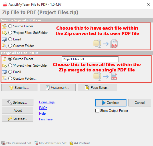 Choose to convert documents of a ZIP file to individual PDFs or combine all to one PDF file