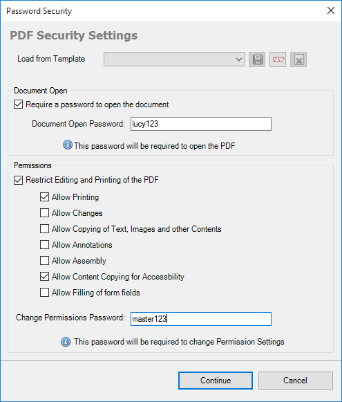 PDF Security Settings dialog box