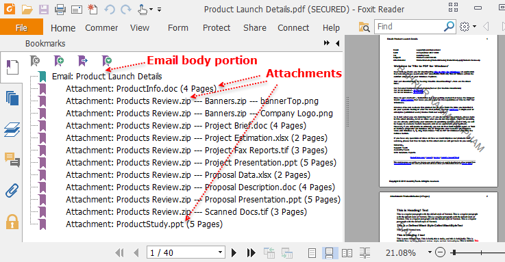 Structure of one PDF file containing both email and attachments