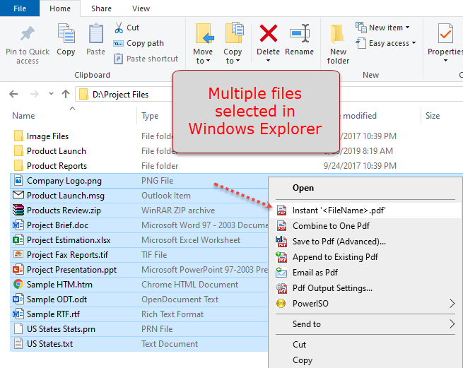 Select multiple documents from Windows Explorer to convert to PDF files