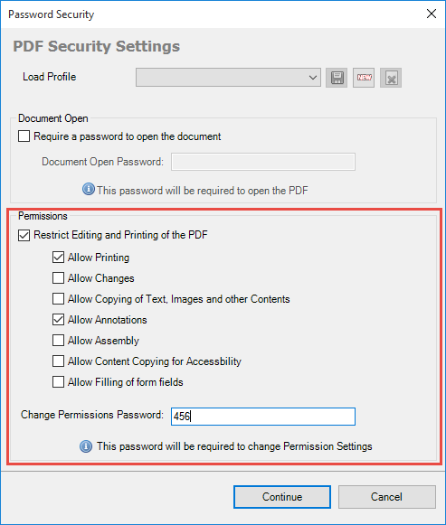 Apply restrictions and set Permissions password to PDF
