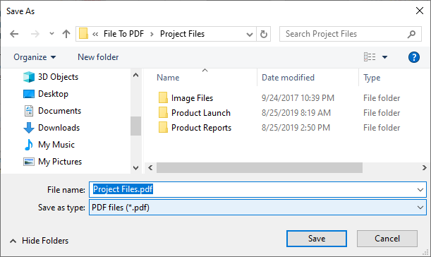 Save as dialog box to enter the PDF name
