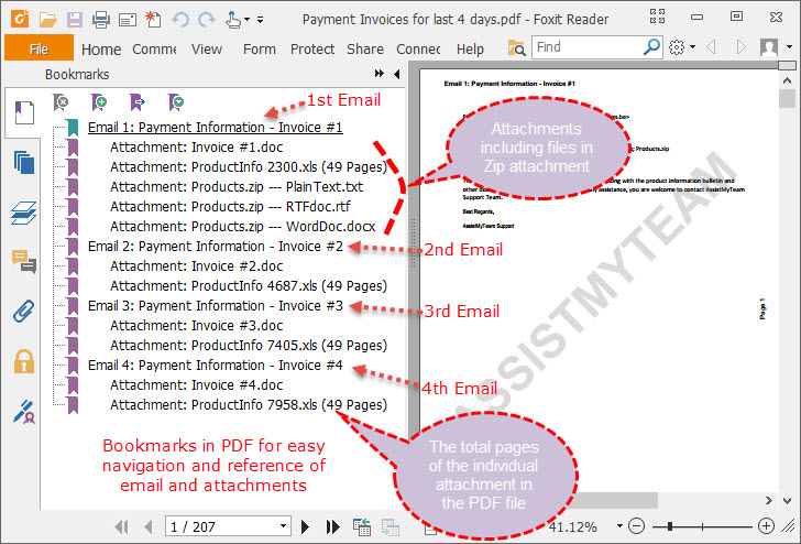 Structure of one PDF file containing multiple emails