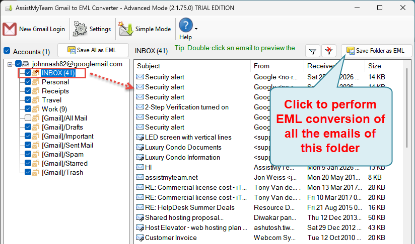 Convert folder of a mailbox account to MSG