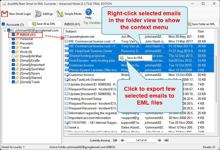 Convert few emails to MSG files