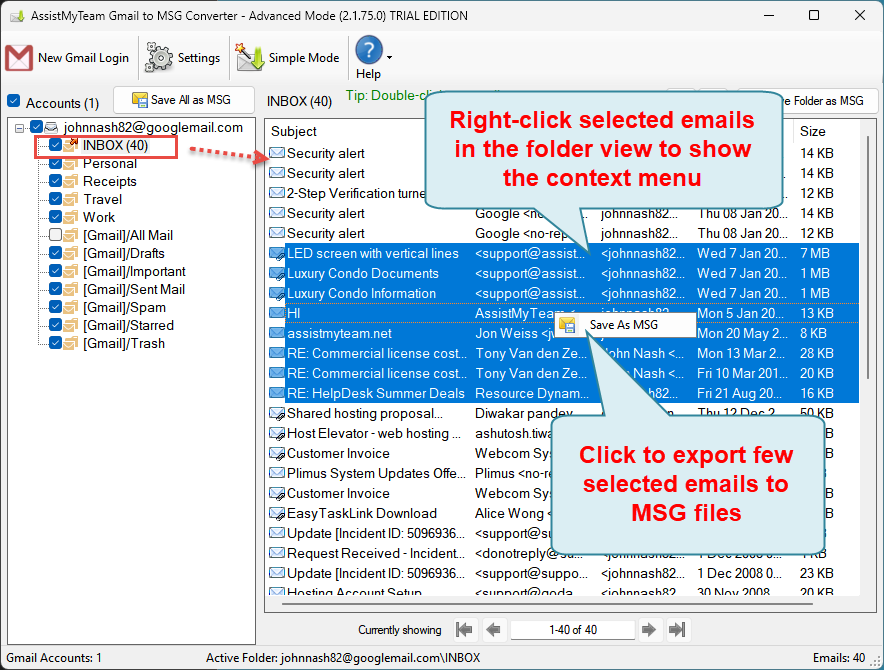 Convert few emails to MSG files