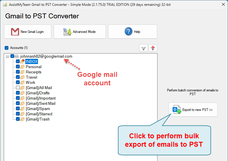Convert Gmail account to PST in bulk