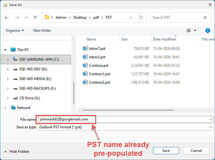 Browse for folder dialog box for converting Gmail to PST 
