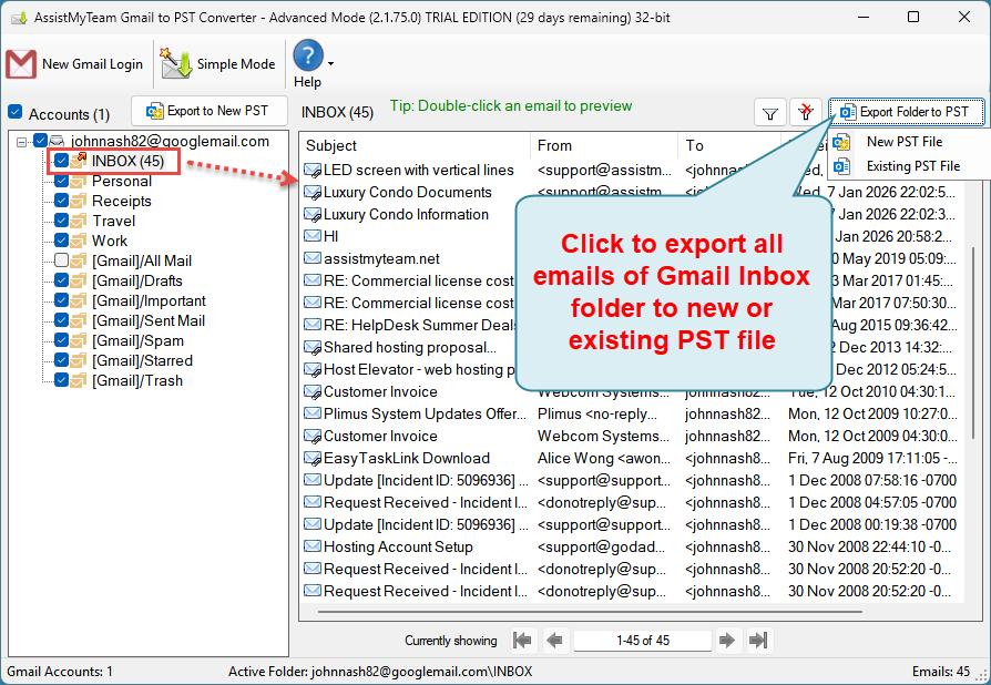 Convert an Gmail folder to PST