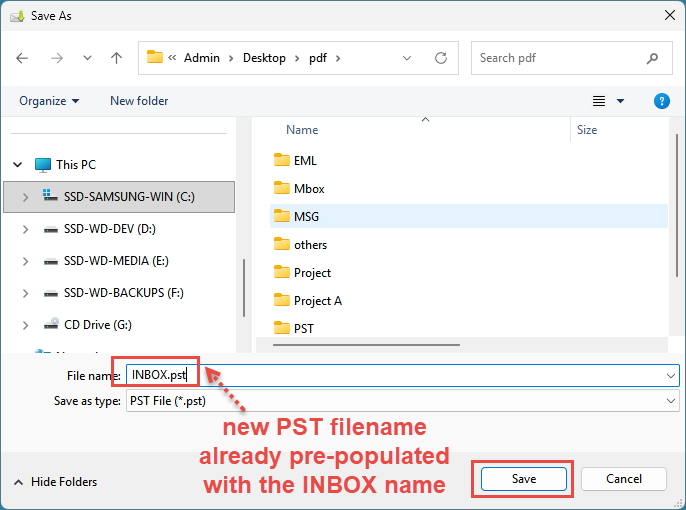 PST open dialog box to choose a folder where emails will be stored