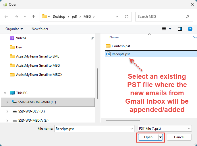PST open dialog box to choose a folder where emails will be stored