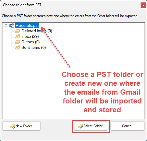 PST open dialog box to choose a folder where emails will be stored