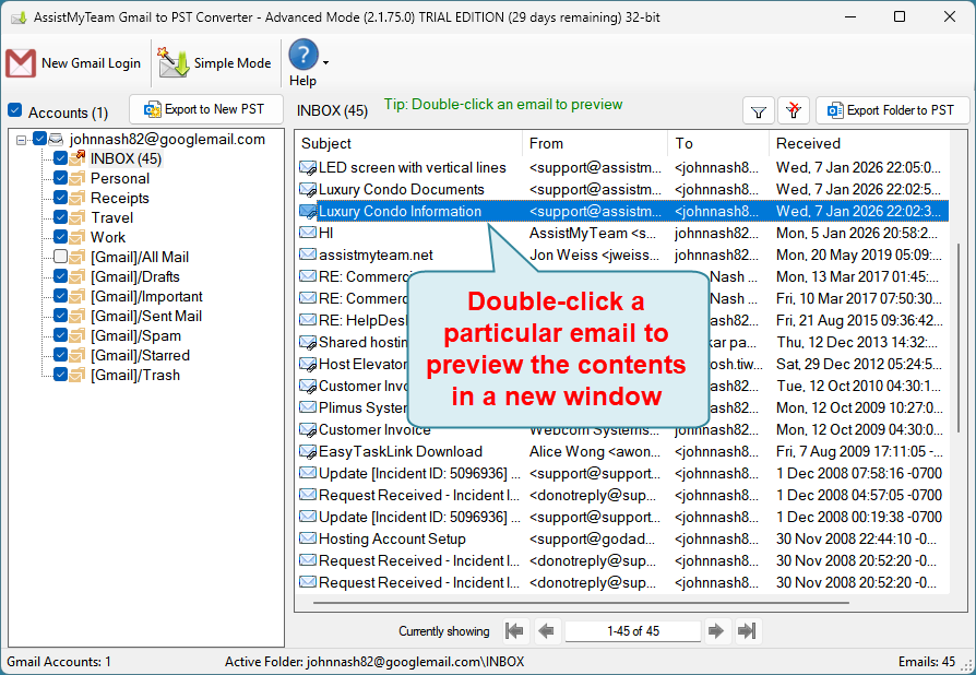 Select IMAP Email to preview the contents
