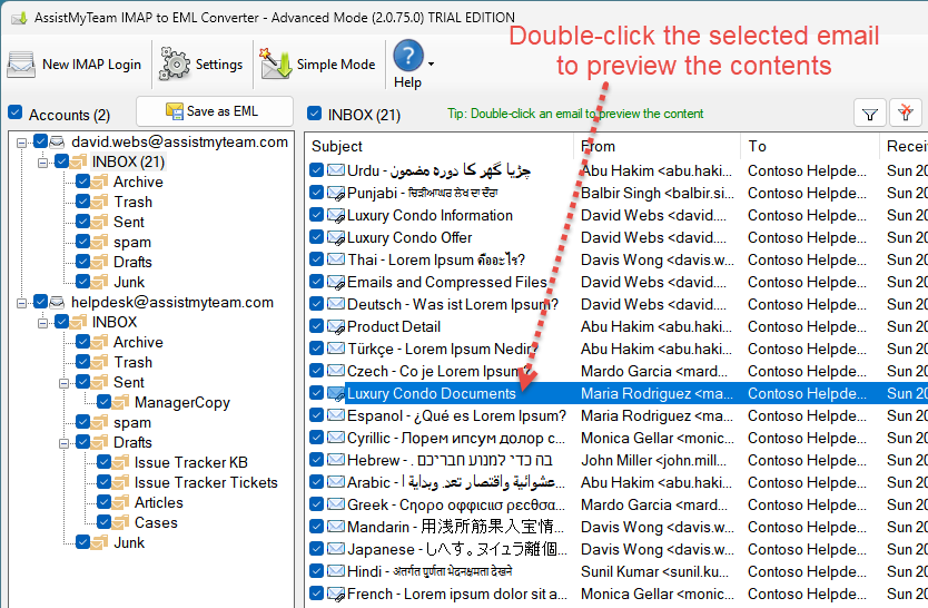 Select and IMAP Email to preview the contents