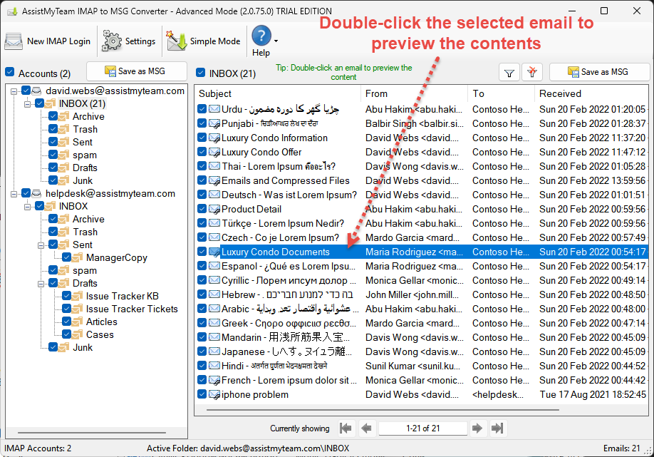 Select and IMAP Email to preview the contents