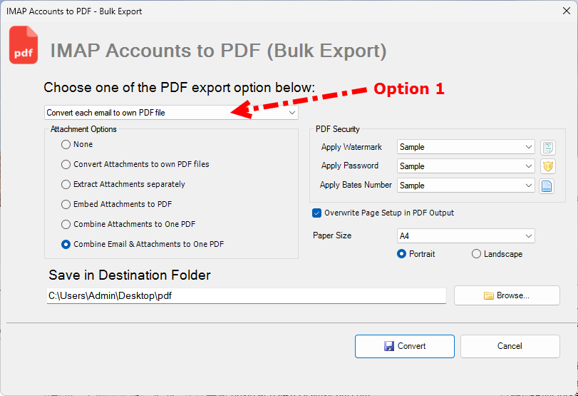 Save as PDF dialog box for converting PST to PDF