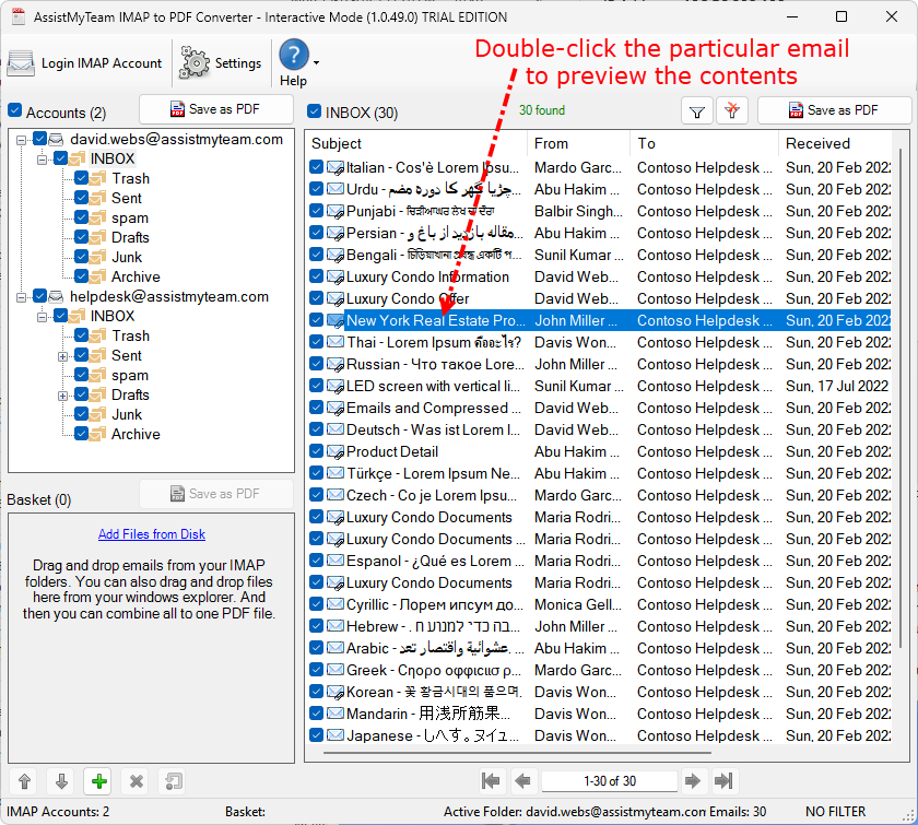 Select and IMAP Email to preview the contents