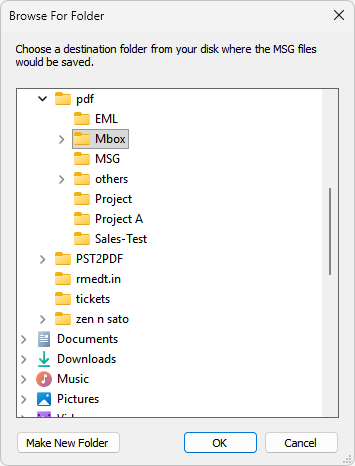 Save as PDF dialog box for converting MBOX files to MSG