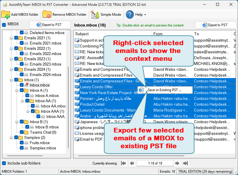 Export few emails of MBOX file to PST