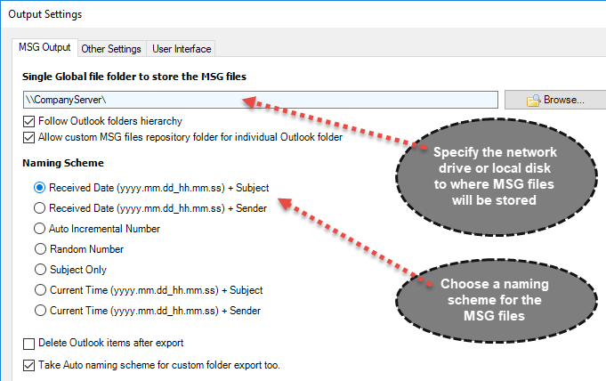 The output settings panel of the MSG Exporter add-in