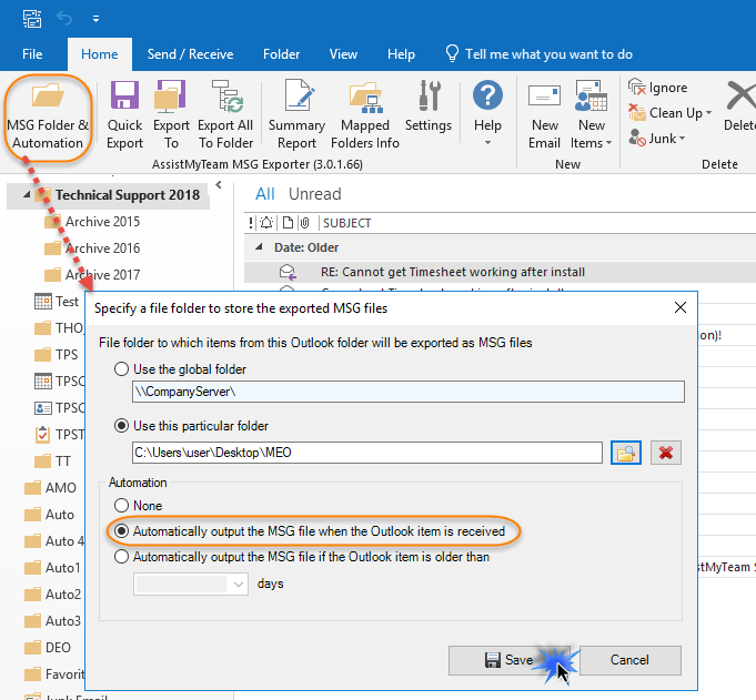 Configure MSG Exporter add-in to automatically archive emails for a particular Outlook folder